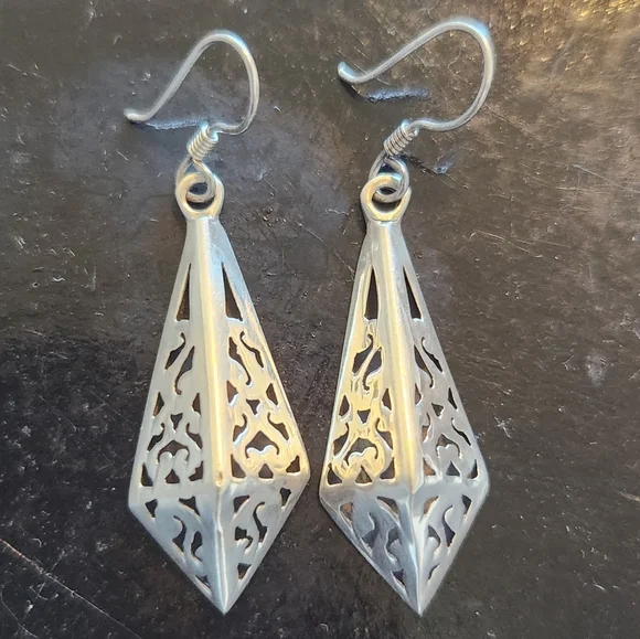Vintage Mexico Sterling Silver Pyramid Dangle Earrings - Picture 5 of 7